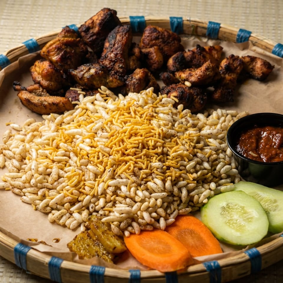 Bamboo basket platter with grilled meat, puffed rice and sev, spicy dipping sauce, cucumber, carrot, and pickles.