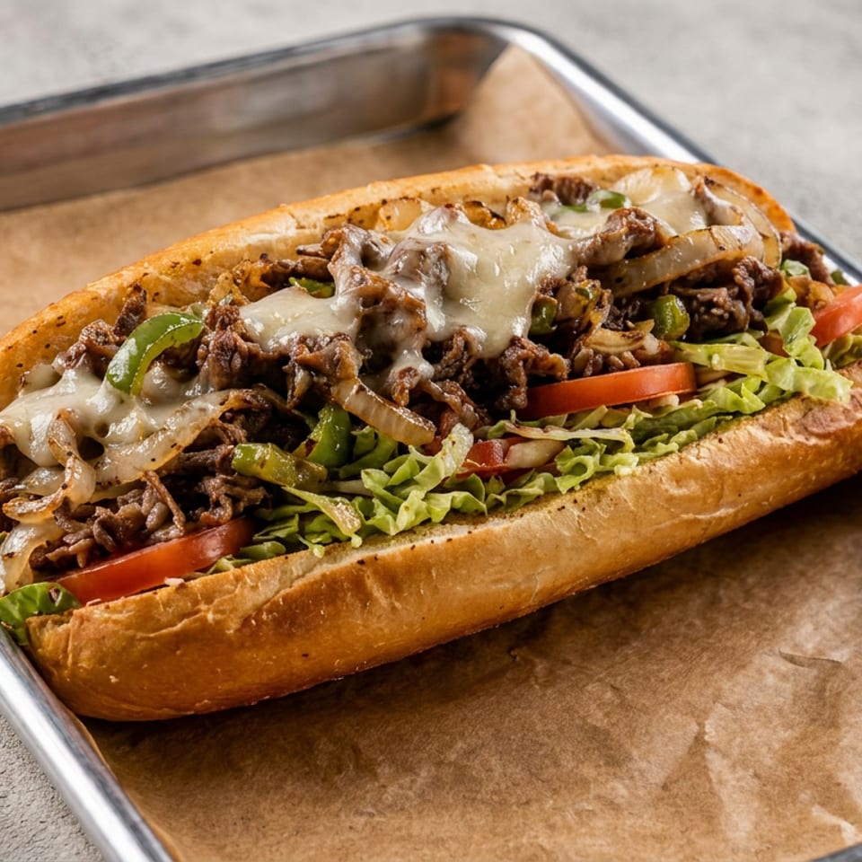 Loaded cheesesteak sandwich with shaved beef, melted cheese, peppers, onions, lettuce, and tomatoes on a parchment-lined metal tray.