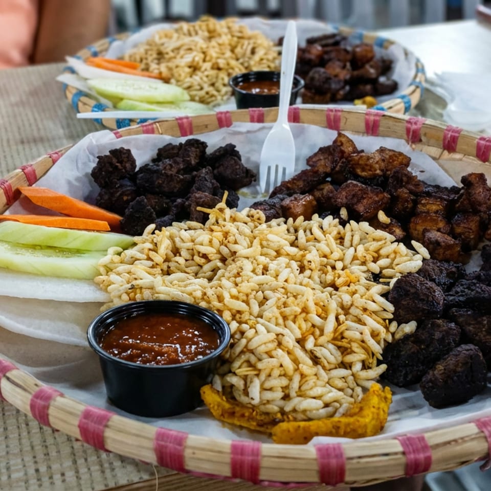 Bamboo trays hold puffed rice, grilled meat, fried bites, cucumber, carrots, flatbread, and spicy dipping sauce on a restaurant table.