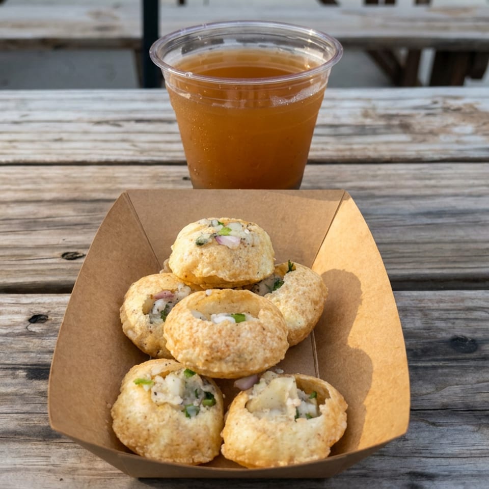 Six golden stuffed pastries in a cardboard tray with a cup of amber beverage on a rustic wooden picnic table.
