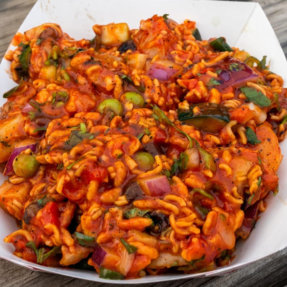 Spicy saucy pasta salad with vegetables, red onion, herbs, and green olives served on a white plate atop a wooden table.