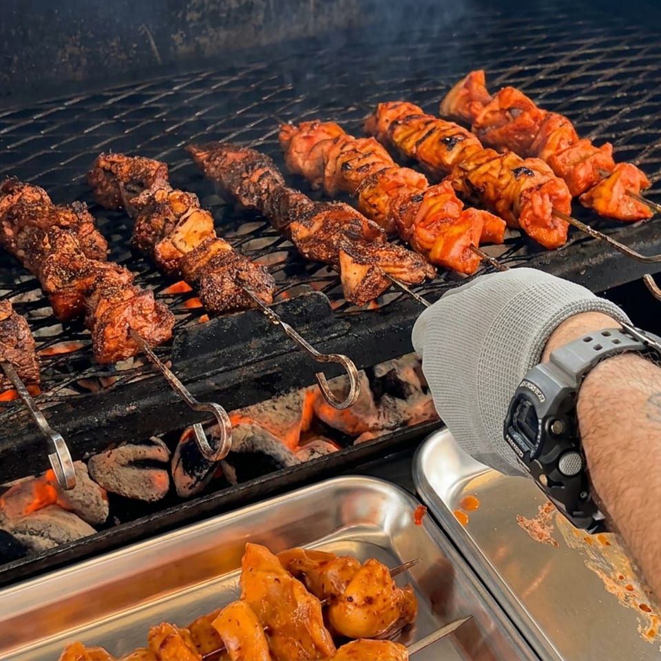 Skewers of grilled meat and orange-marinated seafood cook over glowing coals while a cook tends the barbecue.